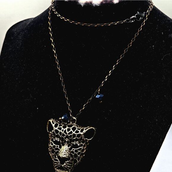 "5/$25" Goldtone Rhinestone Bead Gunmetal Goldtone Jaguar Necklace 23" - Picture 6 of 8
